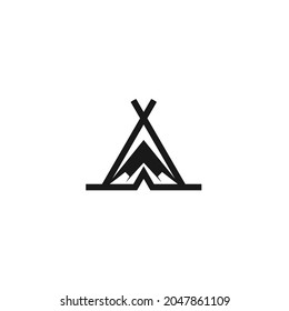 Vector Of Bonfire FireWood Logo Design with Silhouette of Natural Mountain Camp, Tent Tent Template, Minimalist Abstract Style

