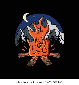 hoguera vectorial en la ilustración nocturna y colina en la parte trasera. para camisetas, ropa de calle, calzado urbano, aislado de fondo negro