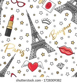 Vector Bonjour Paris fashion trendy seamless pattern with gold glitter stars, lipstick, crown, lips, heart, diamond, sunglasses and Eiffel Tower on white background