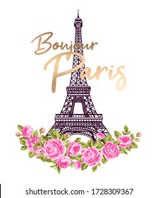 Vector Bonjour Paris romantic colorful illustration with Eiffel Tower, gold lettering and pink roses flowers. France hand drawn symbol on white background 