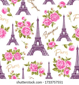 Vector Bonjour Paris romantic colorful seamless pattern with Eiffel Tower, gold lettering and pink roses flowers. France hand drawn symbol on white background 