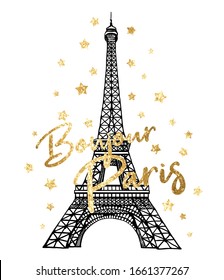 Vector Bonjour Paris romantic illustration with gold glitter stars and Eiffel Tower. France hand drawn symbol on white background