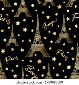 Vector Bonjour Paris romantic seamless pattern with gold glitter stars and Eiffel Tower. France hand drawn symbol on black background 