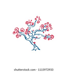 Vector bonsai illustration - minimal blue vignette with red flower bloom on blue tree, decorative cherry or plum tree