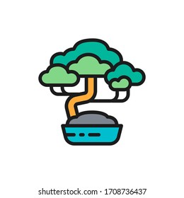 Vector Bonsai Tree Flat Color Line Icon.