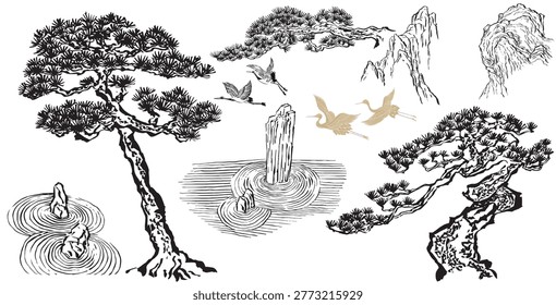 vector of Bonsai tree, zen garden, rock and crane birds with Chinese ink wash painting in traditional style.