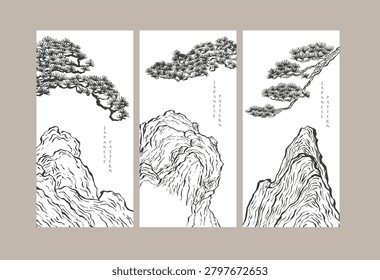 vector of Bonsai tree, zen garden, rock, mountain with Chinese ink wash painting in traditional style.	