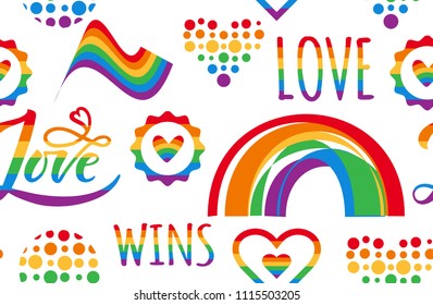 Vector booble seamless pattern with rainbow, heart, flag. Hand written love, wins lettering. Gay pride slogan. LGBT rights symbol. Background, textil. Repeating colorful tile. Made in clipping mask