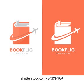 Vector of book and airplane logo combination. Library and travel symbol or icon. Unique bookstore and flight logotype design template.