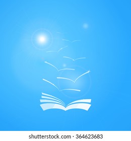 Vector book in blue sky with seagulls and sun. Learning and knowledge concept