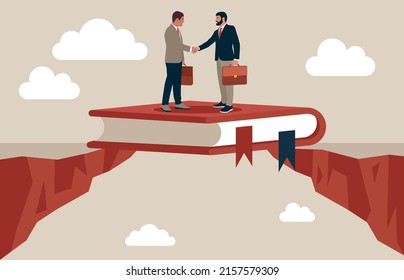 Vector of a book bridging the gap between a businesspeople. Flat vector illustration