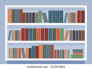 Vector Book Case. Modern Wooden Bookcase At Library.