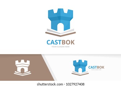 Vector book and castle logo combination. Tower and market symbol or icon. Unique bookstore, library and fortress logotype design template.