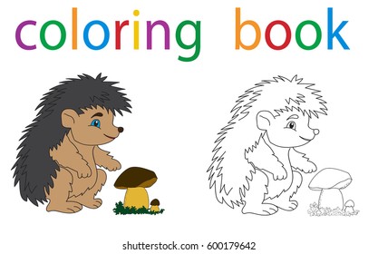 Vector, book coloring cartoon mushroom and hedgehog