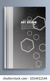 Vector book cover art design with abstract geometric pattern on the dark gray background with hexagons.