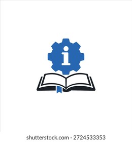 Vetor de livro e roda de engrenagens com i letra. Símbolo da informação técnica. Ícone do manual do usuário