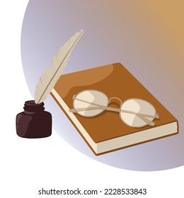 Vector book with glasses, an inkwell with a feather stands next to it on a gradient abstract background