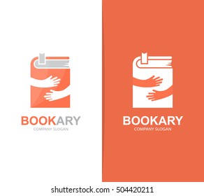 Vector book and hands logo combination. Novel and embrace symbol or icon. Unique bookstore and library logotype design template.