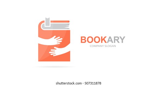 Vector book and hands logo combination. Novel and embrace symbol or icon. Unique bookstore and library logotype design template.
