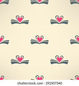 Vector book with heart made of pages seamless pattern. Love reading concept background.