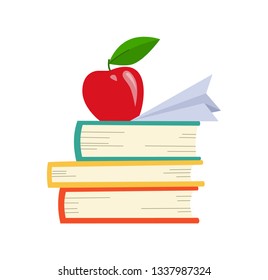 Vector book Icon. Books in various angles. Stack of colored books with apple.