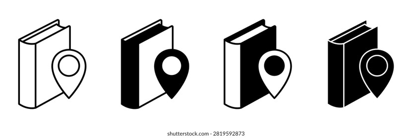 Vector book icon combined with location pin representing guidebook travel navigation and location based reading resources