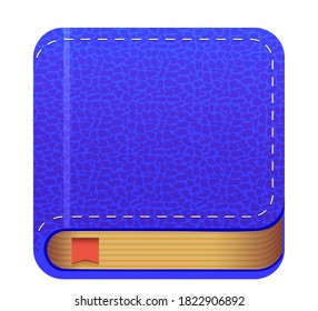 Vector book icon isolated on white background, casual illustration of leather bound book with blue cover and red bookmark