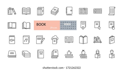 Vector book icons. Editable Stroke. Reading, library, stack of books, open, bookcase shelf. Readers, magazine, audio, coffee apple - Shutterstock ID 1721262322