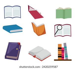 Vector book icons set in a flat design style. Books in a stack, open, in a group, closed, on the shelf. Read, learn and receive education through books