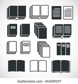 Vector book icons set. Simple black design elements. Page, catalogue, copybook shapes. Outline and solid color style. Isolated on white background.