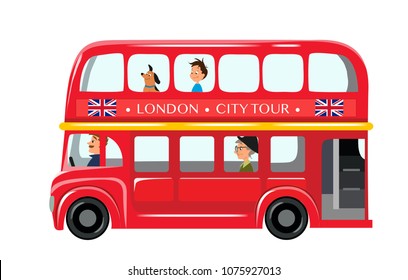 Vector children’s book illustration isolated on white background. English red double-decker bus side view flat style. Element infographic, website, icon, postcards. Cute and funny characters inside