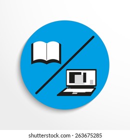 Vector book and laptop icon illustration background.