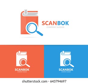 Vector of book and loupe logo combination. Library and magnifying glass symbol or icon. Unique bookstore and search logotype design template.