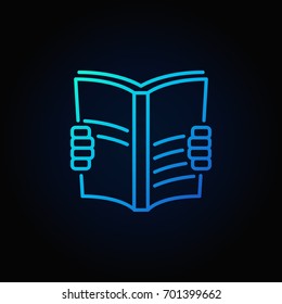 Vector book read blue icon. Hands holding book linear symbol on dark background