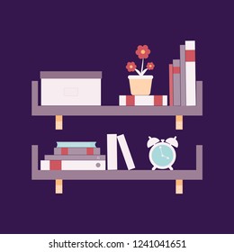 Vector book shelf with books, flowers, alarm and box