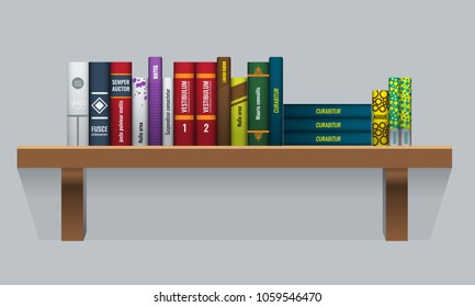 Vector Book shelf with realistic books stalks. Back side view.