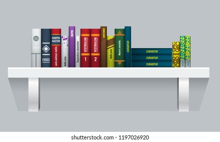 Vector Book shelf with realistic books stalks. Back side view.