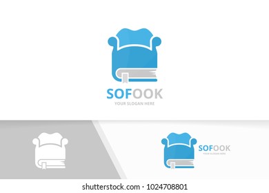 Vector book and sofa logo combination. Couch and market symbol or icon. Unique bookstore, library and armchair logotype design template.