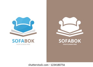 Vector Book And Sofa Logo Combination. Couch And Market Symbol Or Icon. Unique Bookstore, Library And Armchair Logotype Design Template.