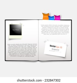 Vector book spread on white background. with bookmark, your photo, and businesscard,