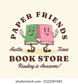 Vector Book Store School Learning Group of Characters Illustration Logo Template. Groovy Cartoon Library Friends Books Walking Personage Label. Isolated