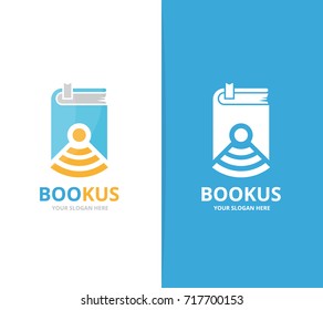 Vector book and wifi logo combination. Novel and signal symbol or icon. Unique bookstore, library and radio, internet design.