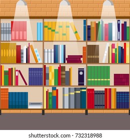 Librería vectorial llena de ilustración de libros. Antecedentes educativos. Decoración plana de biblioteca, escuela o universidad. Librería en librería o tienda. Colección de literatura.