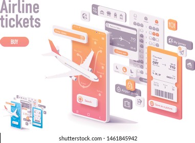 Vector booking or buying airline tickets app illustration. Smartphone with airplane, airports map, electronic or digital airline ticket, airline seats map