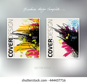 Vector booklet or brochure cover template. Flyer concept. Grungy scribble background with paint brush strokes and splatter, spray paint, drops