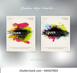 Vector booklet or brochure cover template. Flyer concept. Grungy scribble background with paint brush strokes and splatter, spray paint, drops