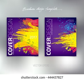 Vector booklet or brochure cover template. Flyer concept. Grungy scribble background with paint brush strokes and splatter, spray paint, drops