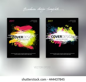 Vector booklet or brochure cover template. Flyer concept. Grungy scribble background with paint brush strokes and splatter, spray paint, drops