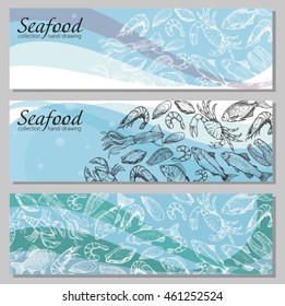 Vector booklet with line sketches of seafood and fishes: crab, lobster, oysters, squid, salmon, trout. Design brochures, templates, backgrounds, on the marine theme.