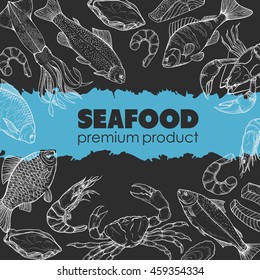 Vector booklet with sketches of sea food: fish, crab, lobster, oysters, squid, salmon, trout. Design brochures, templates, backgrounds, on the marine theme.